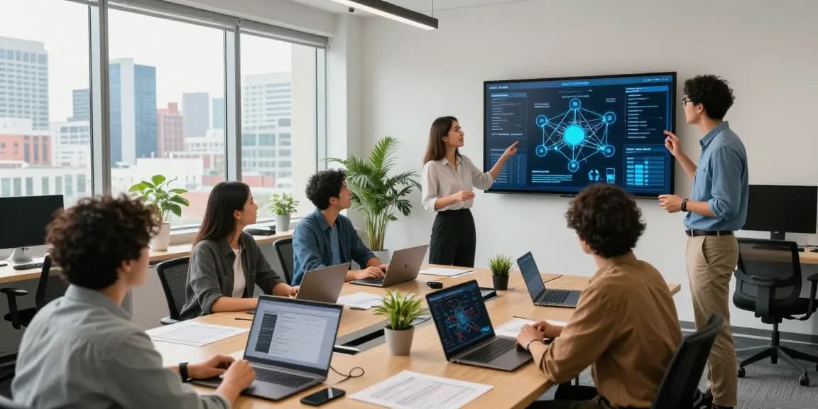 Team collaborating on small business IT support services in a modern office setting.