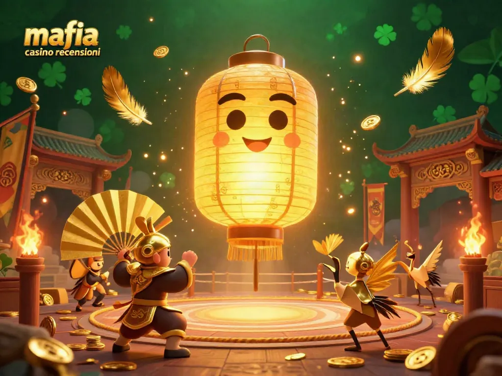Mafia casino recensioni showcases vibrant gaming amidst golden lantern spirit and warriors in a night market casino.