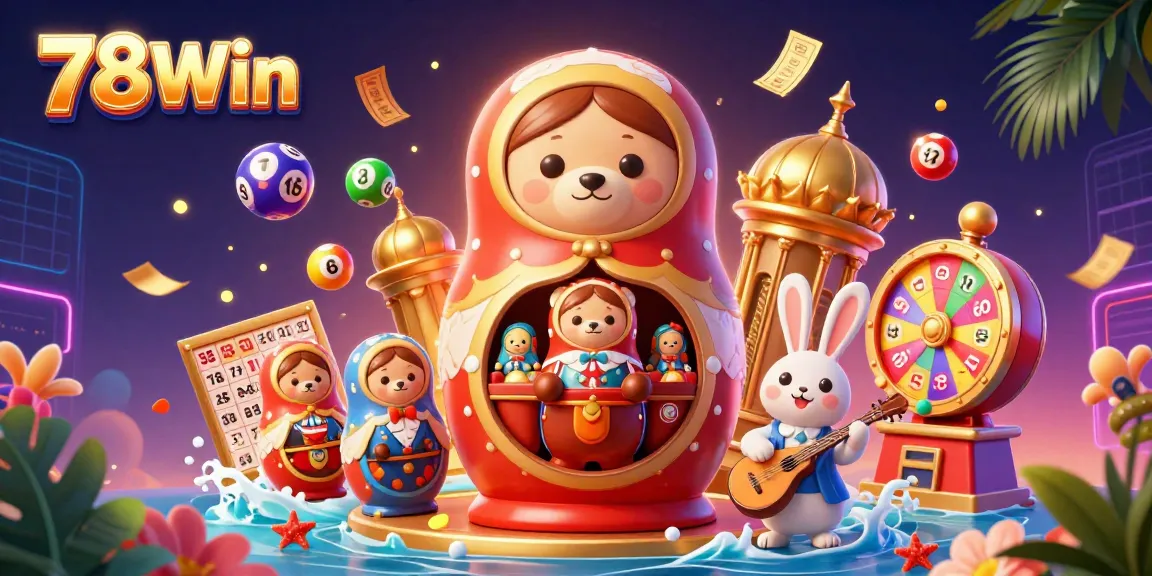 Experience thrilling gameplay at 78Win with colorful lottery elements and unique characters in a vibrant casino scene.