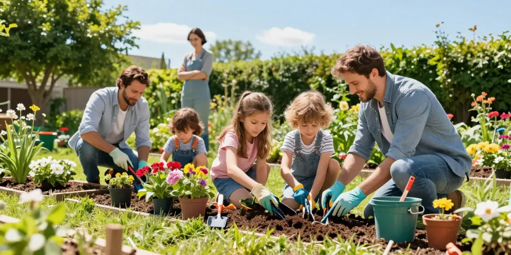 Attività di giardinaggio in famiglia con attrezzi e piante colorate.