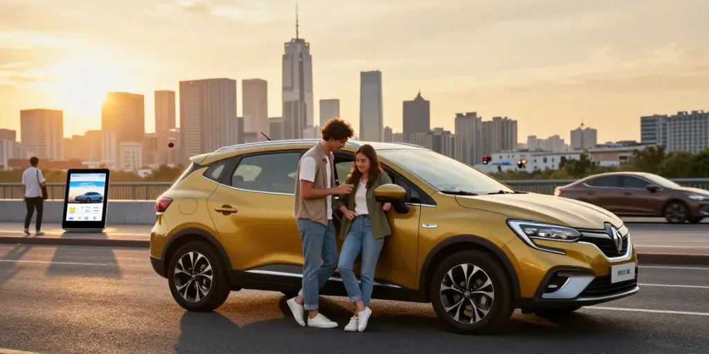 Noleggio lungo termine Renault: coppia che esplora un'auto Renault in un paesaggio urbano al tramonto.