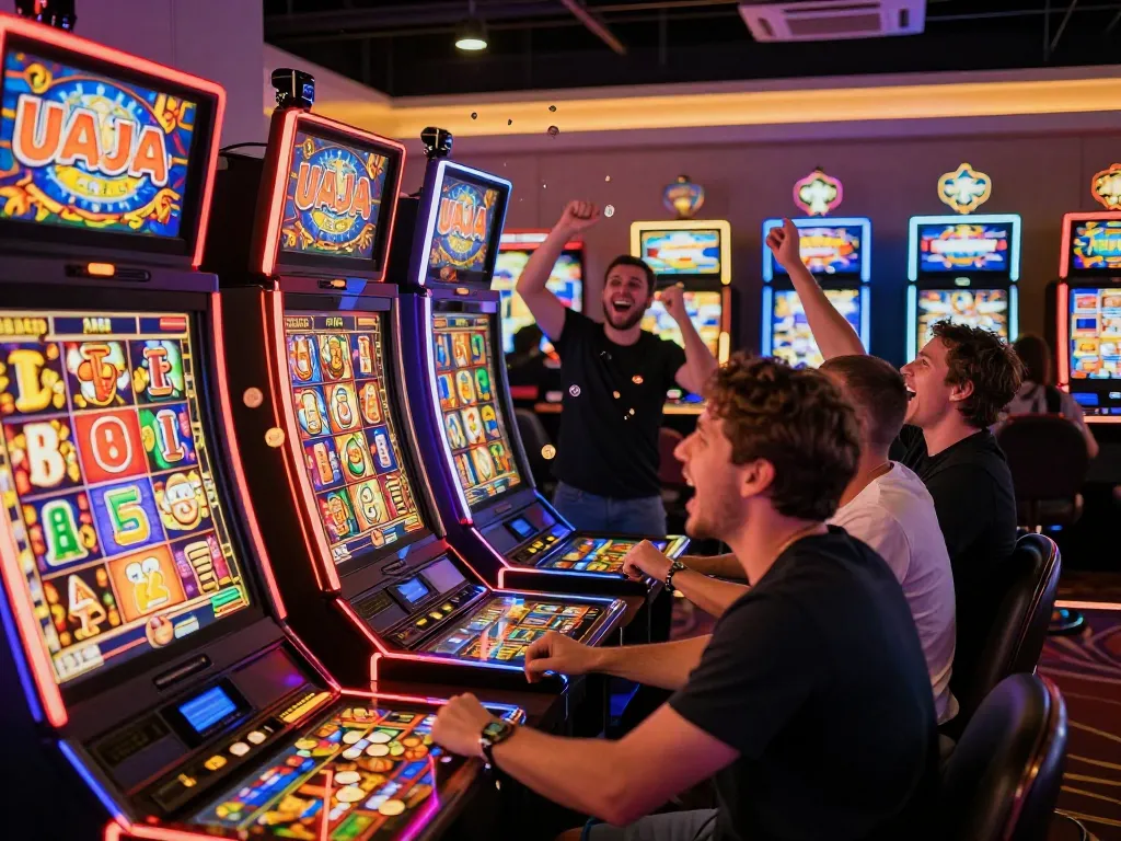 Pemain merayakan kemenangan pada mesin slot raja di kasino yang ramai.