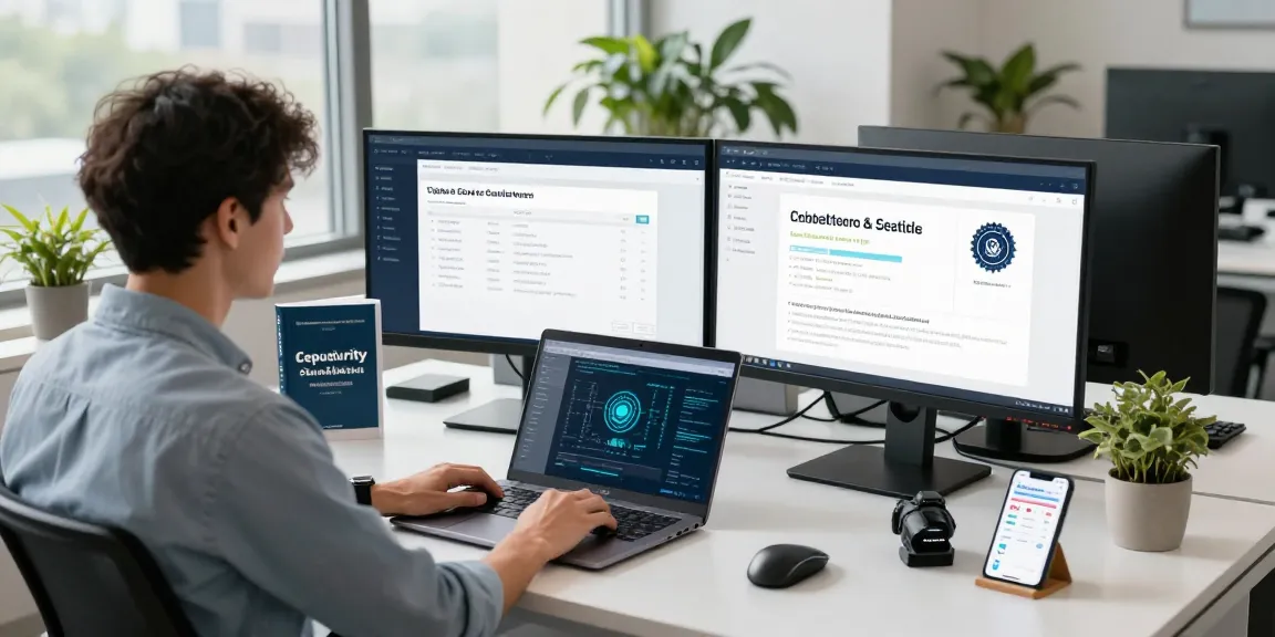 Cyber Essentials certification workspace featuring IT specialist monitoring compliance status on multiple screens, reflecting a professional cybersecurity environment.