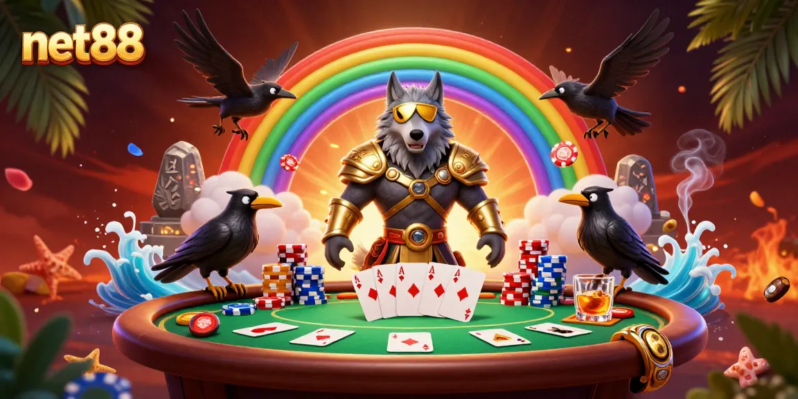 Experience thrilling gameplay at net88 with a vibrant poker scene featuring Norse mythology characters and casino elements.