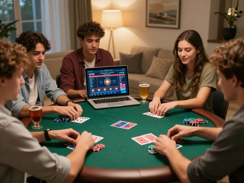 Friends playing online poker at home, engaging with F168 casino platform for strategy and fun.