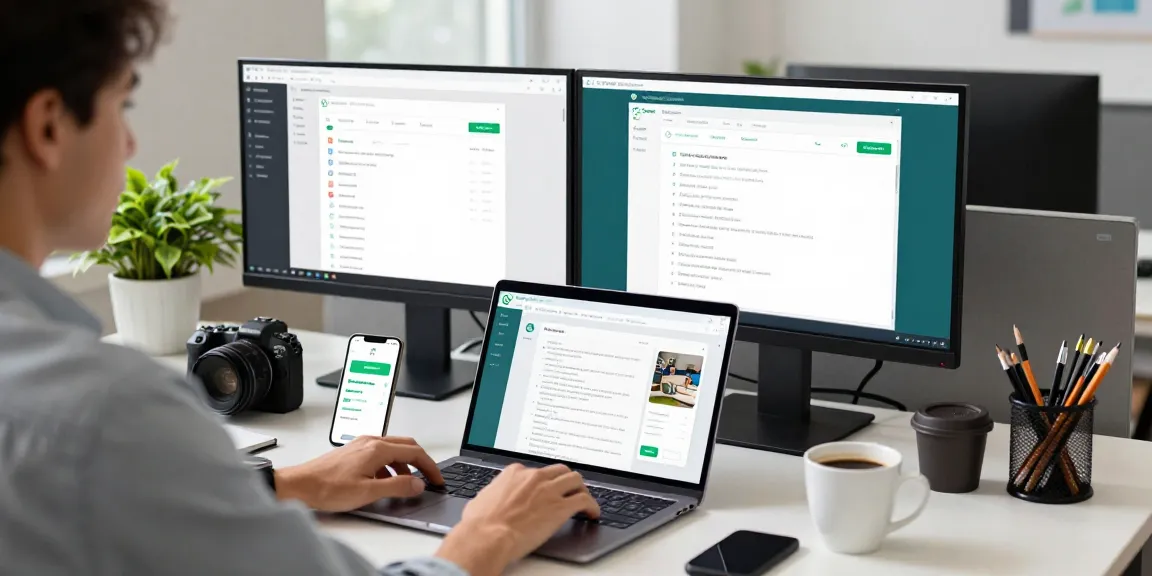 Using WhatsApp網頁版 in a modern office setting with dual monitors and vibrant workspace.