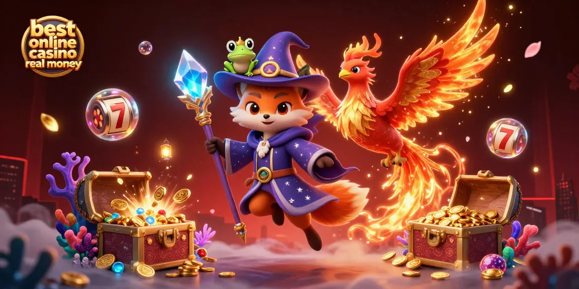 Engage with the best online casino real money scene featuring a mystical fox wizard, phoenix, and rich treasures.
