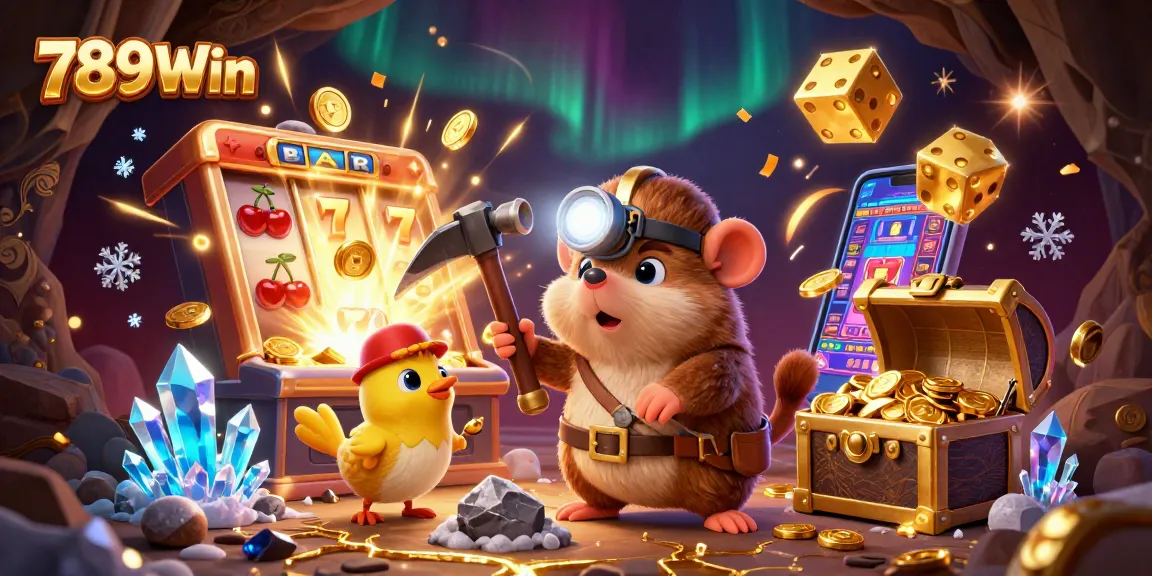 Experience the thrill of 789Win with vibrant casino game elements in a treasure-filled cave scene.