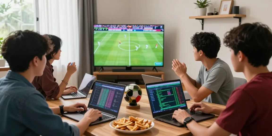 Friends enjoying judi bola with live betting strategies during a football match.