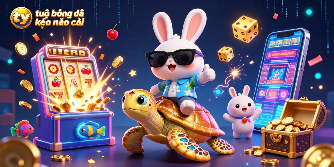 Engage with tỷ lệ bóng đá kèo nhà cái through this dynamic illustration featuring a lucky rabbit and sea turtle in a vibrant casino setting.