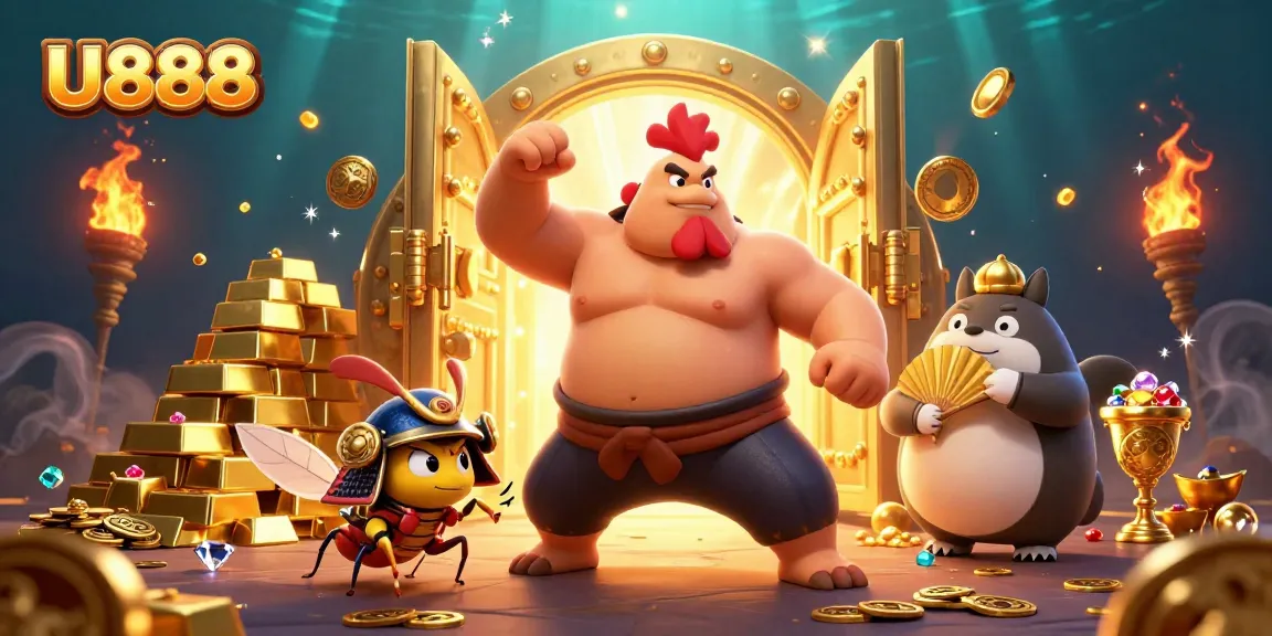 Experience thrilling gaming at U888 with a dynamic scene of a sumo rooster, samurai cricket, and tanuki announcer.