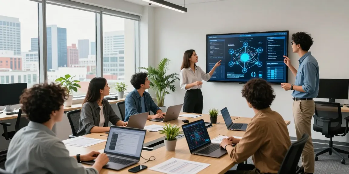 Team collaborating on small business IT support services in a modern office setting.