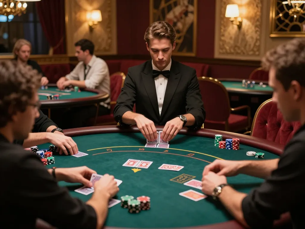 Topgamebai players enjoying an intense poker game in an upscale casino, showcasing strategy and excitement.