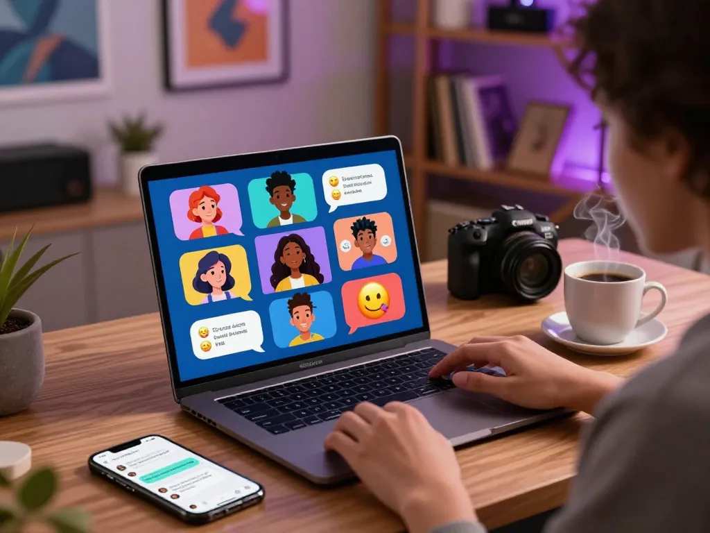 Dynamic interaction with character AI nsfw avatars on laptop, cozy home office atmosphere.