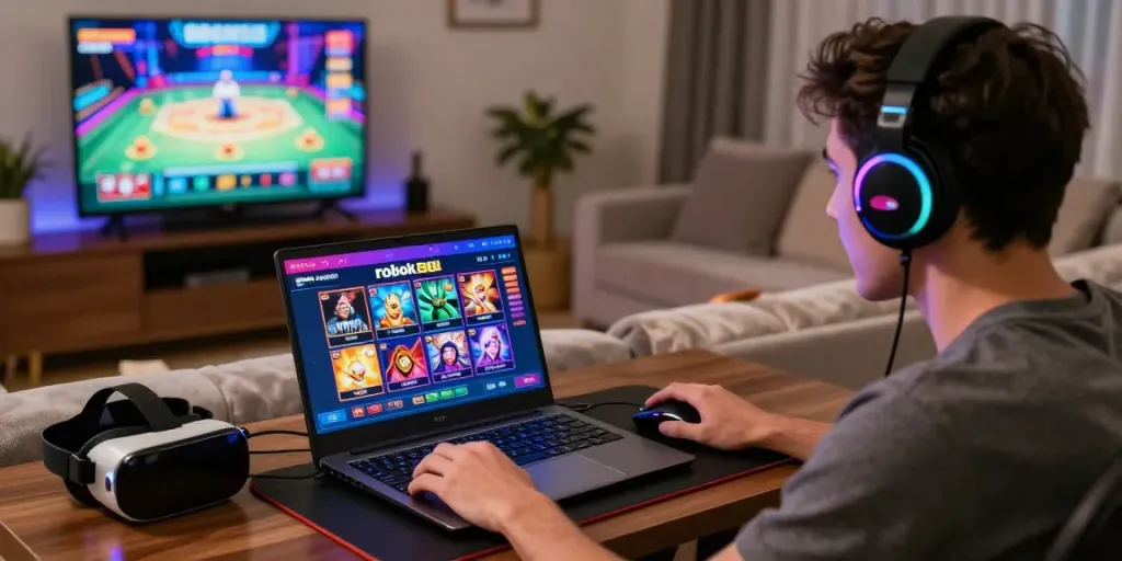 Player enjoying rokok88 alternatif games at a modern online casino setup with colorful lighting.