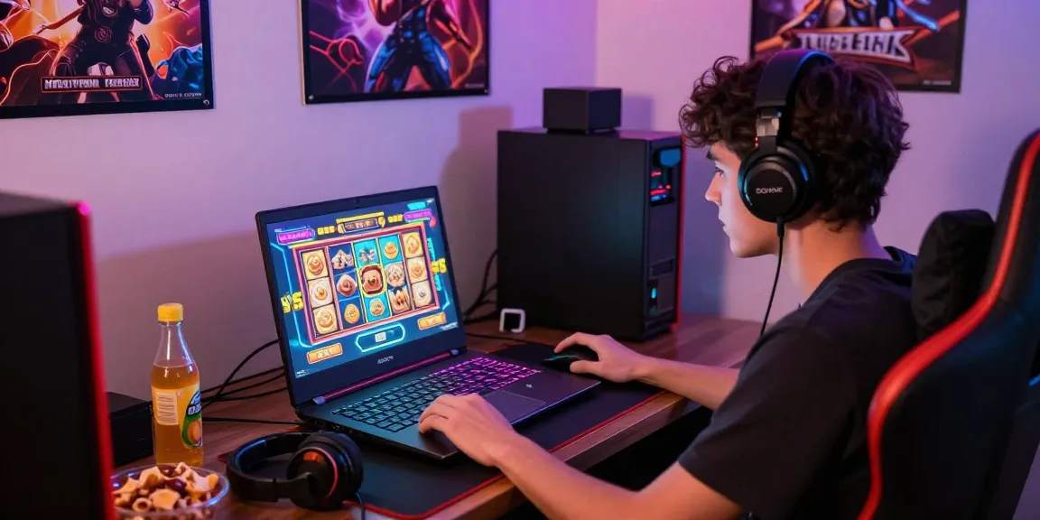 Exciting gaming scene with player focused on rokok88 slot on a laptop, showcasing immersive digital entertainment environment.