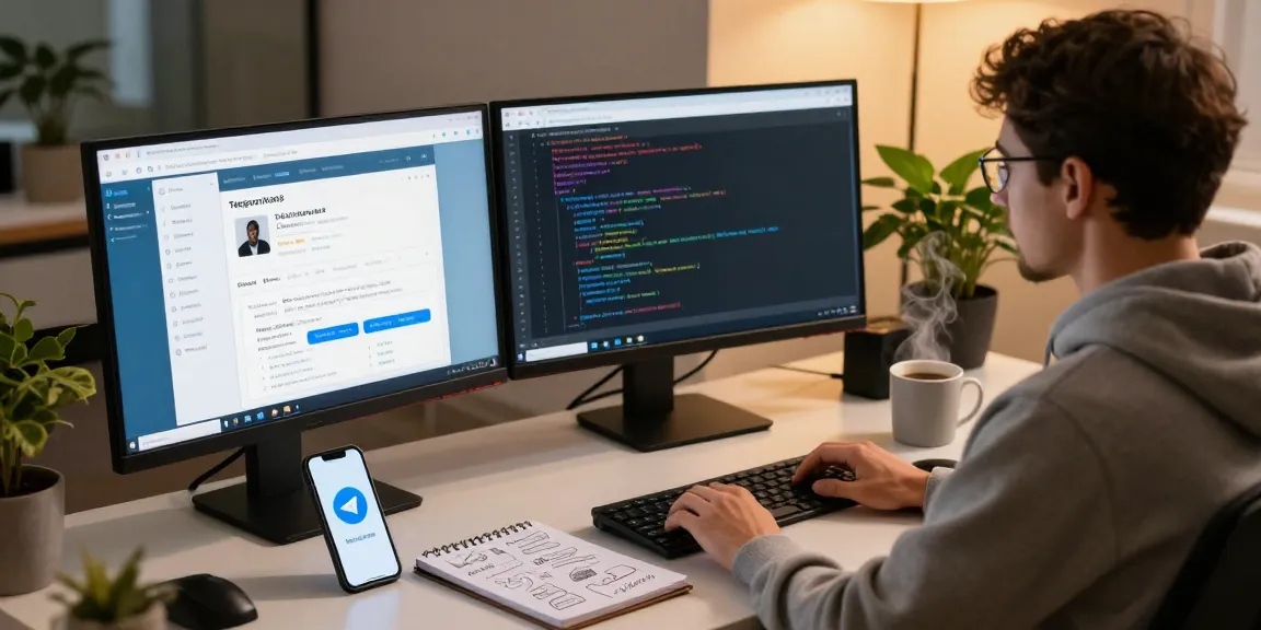 Using the Telegram web version on dual monitors in a modern tech workspace.
