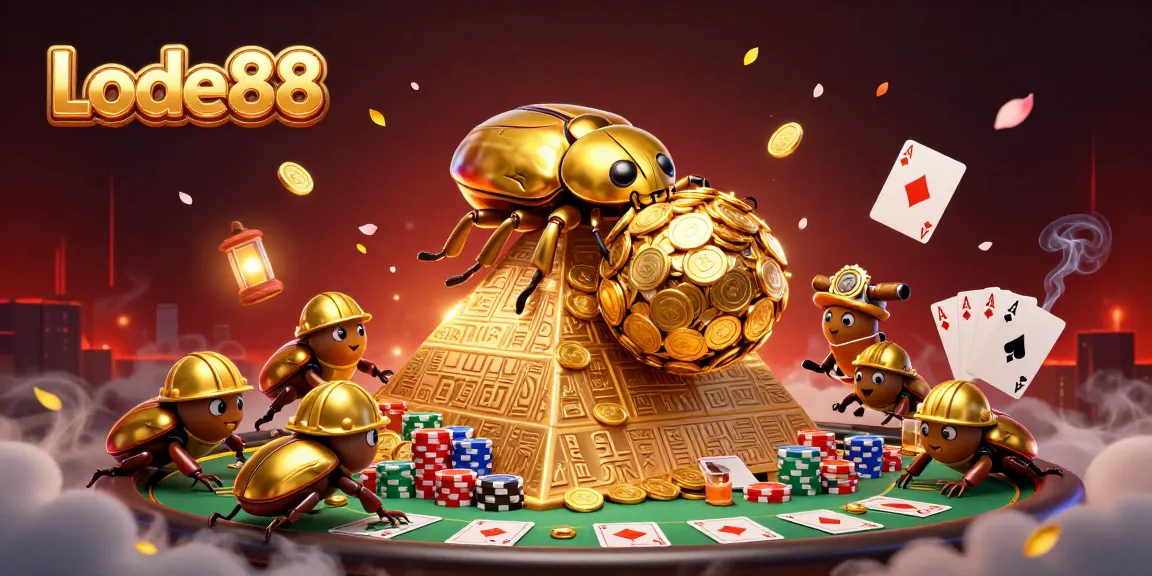 Lode88 showcases a vibrant scene with golden beetles carrying casino excitement, emphasizing immersive gameplay.