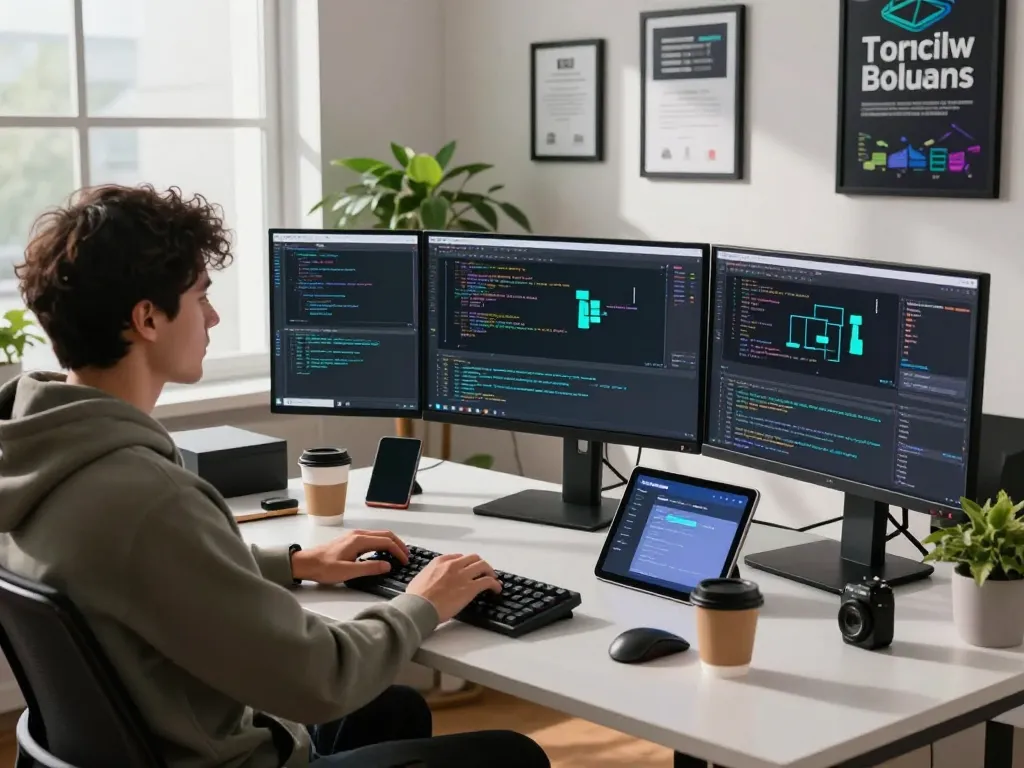 Developer using Clawdbot in a modern workspace, showcasing productivity and innovative tech integration.