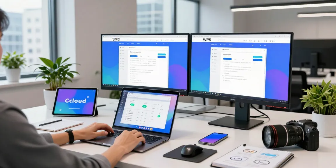 Professional workspace showcasing WPS Official Website on dual monitors with a modern tech setup.