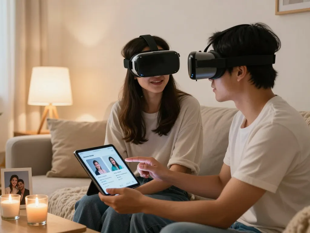Couple engaging in AI sex exploration with digital devices in a cozy home setting.