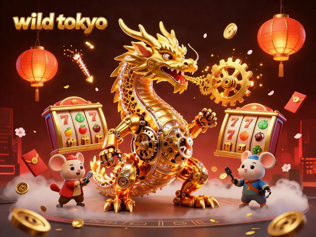 Experience excitement at wild tokyo casino with 3D dragon and slot action.