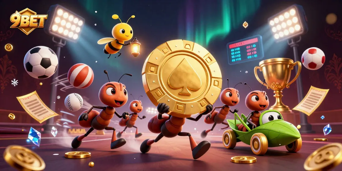 Experience the thrill of 9BET with a team of cartoon ants pulling off a heist in a vibrant casino scene.