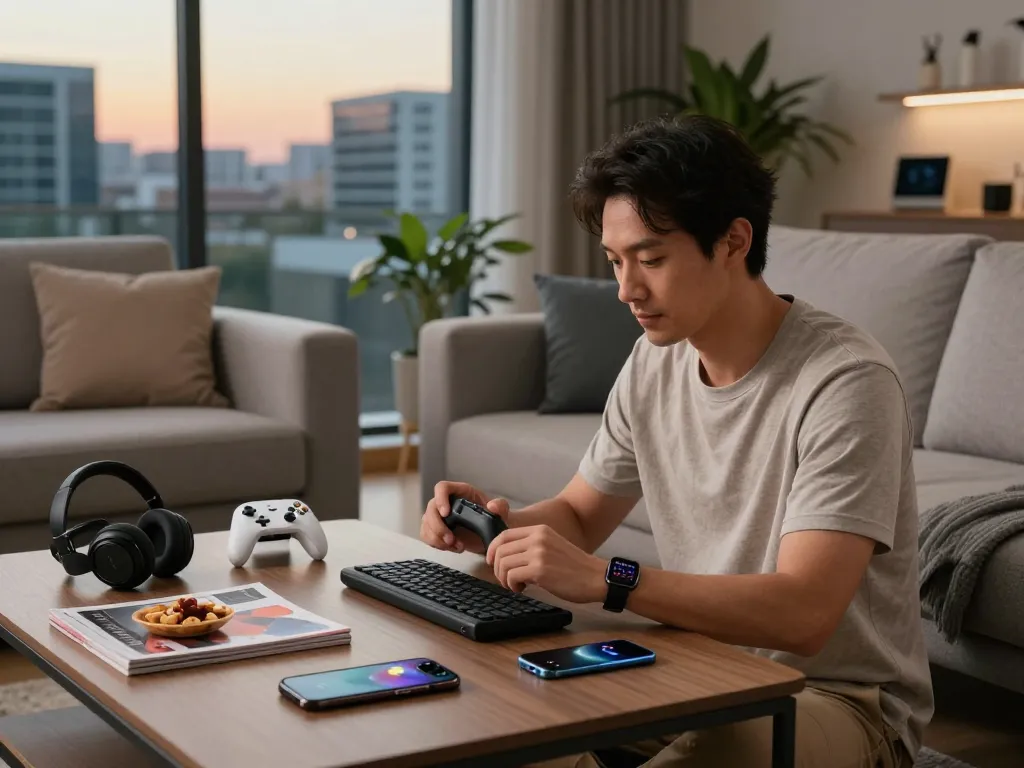 Exploring the best tech gadgets for men in a modern living room with Bluetooth devices.