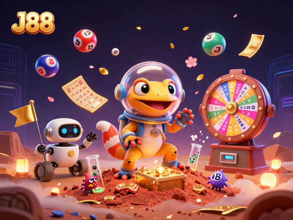 Experience thrilling jackpots at J88 with a Martian gecko exploring a hidden casino