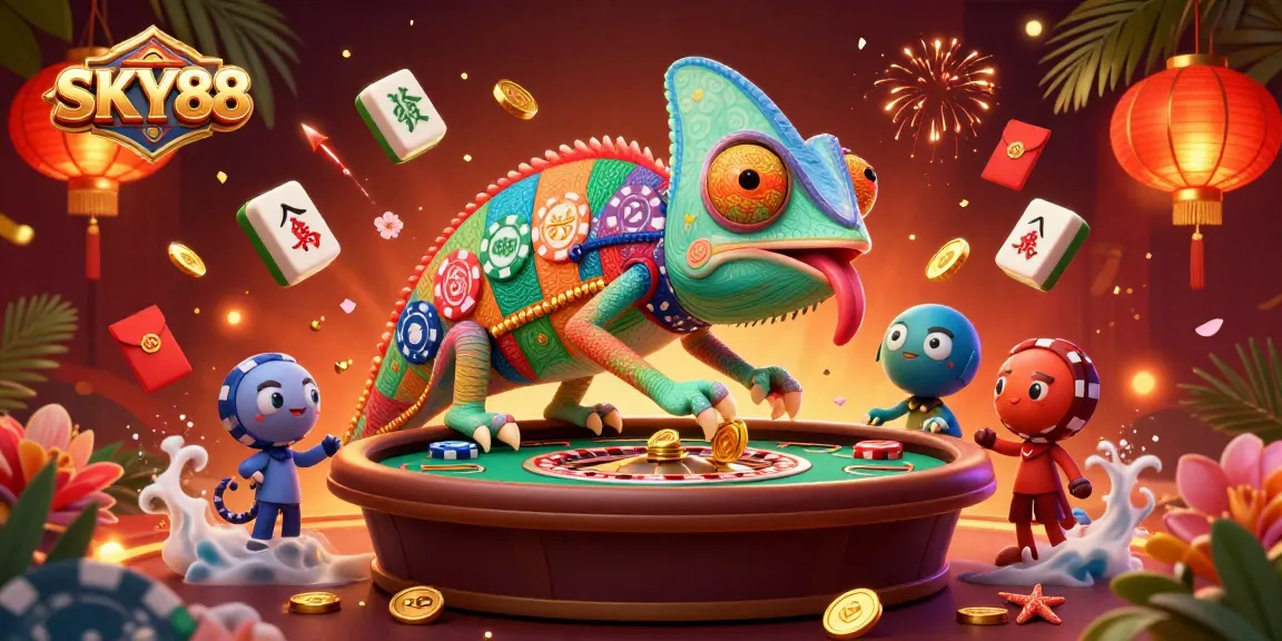 Watch the vibrant SKY88 chameleon casino owner collect golden coins in a thrilling scene!