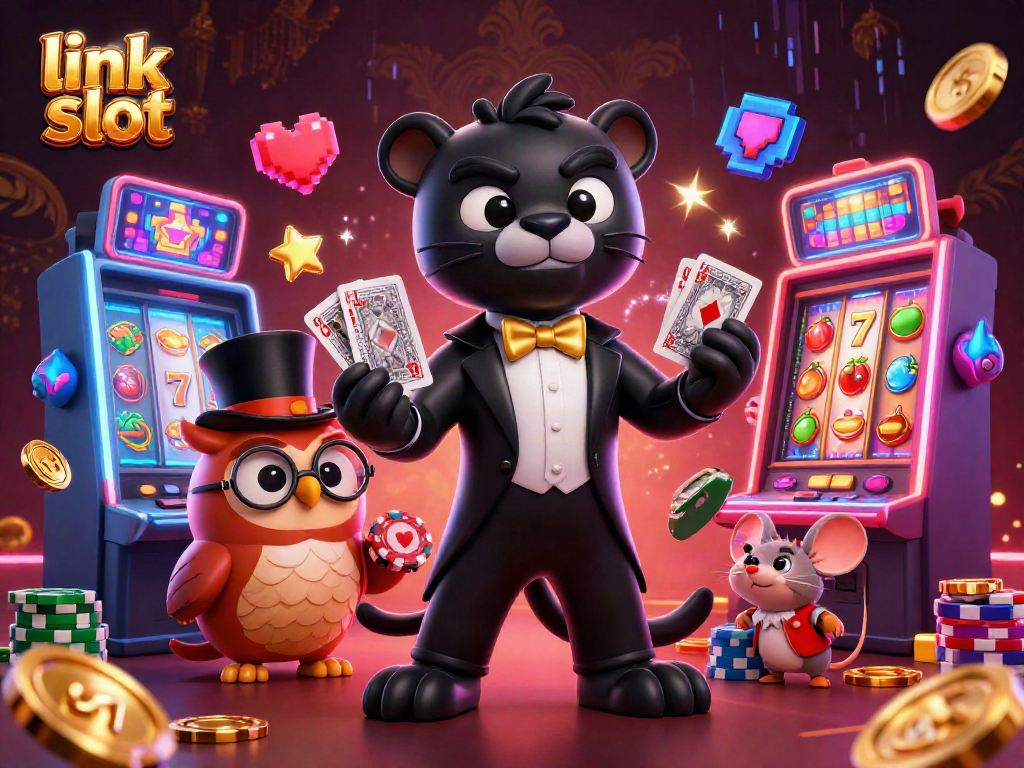 Experience the thrill of link slot games with stylish characters, vibrant slot machines, and playful energy.