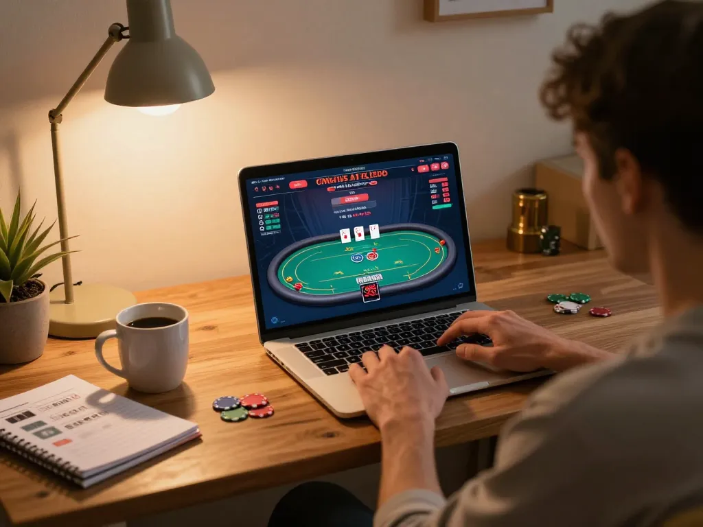 Player enjoying online poker on net88 platform in a cozy home setting with warm lighting