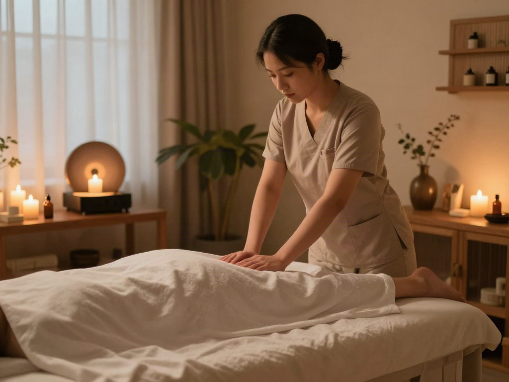 Experience a calming 화곡동출장마사지 in a serene therapy room with soft linens and soothing ambiance.