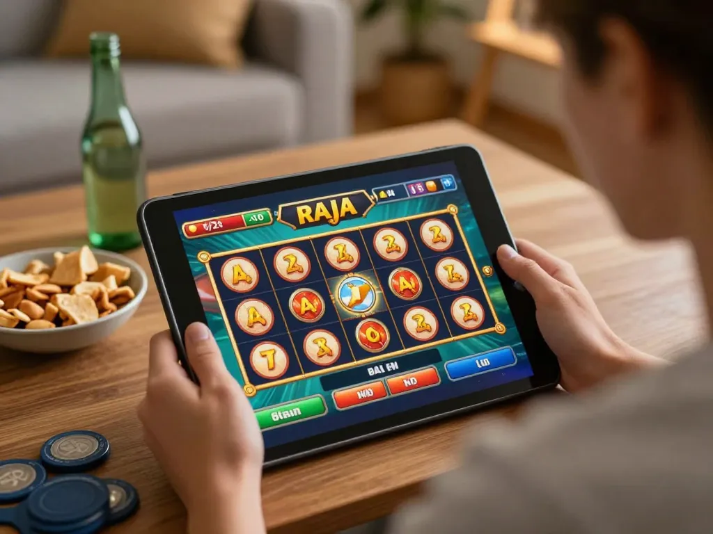 Player spins on raja slot game at home, showcasing interactive gaming setup and excitement